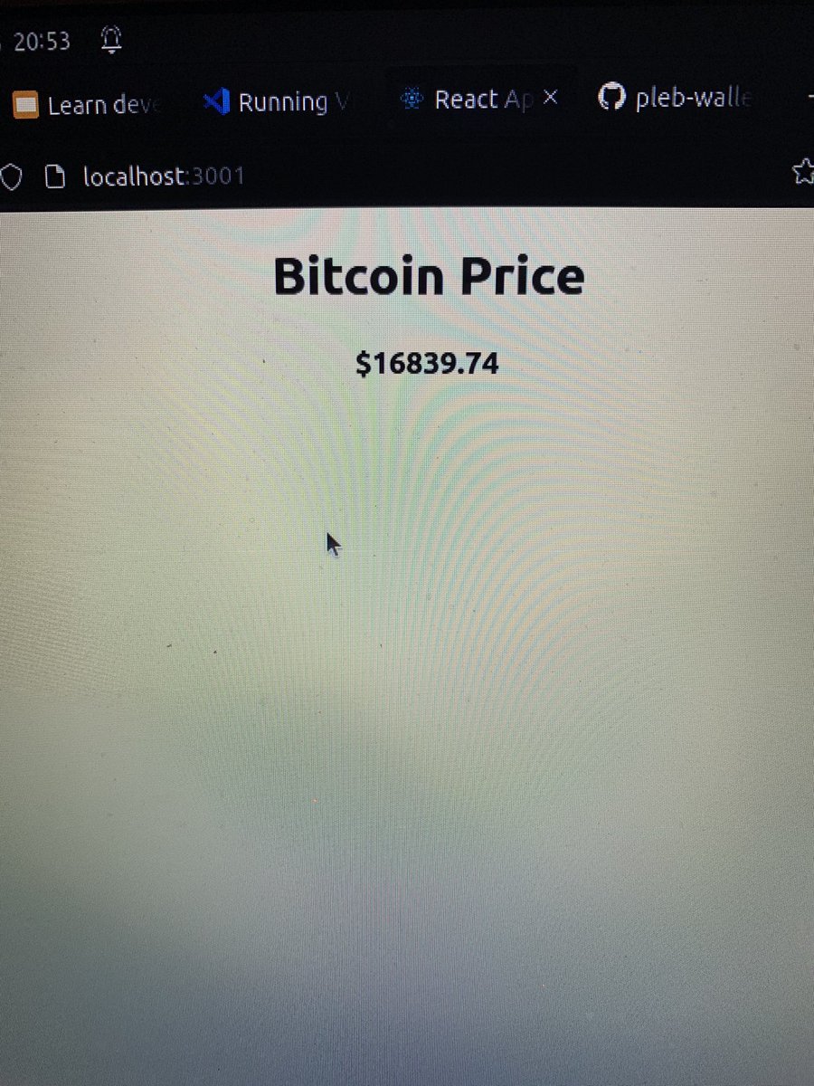 BTCNationalist's tweet photo. Compiling #bitcoin API calls with react 🤙🏻
Props to @PlebLab for an awesome course. Look forward to the next one.
Link: https://t.co/iMzty5Pzzt
#PlebDev
@bitcoinplebdev @super_testnet https://t.co/2mce9j7K1x