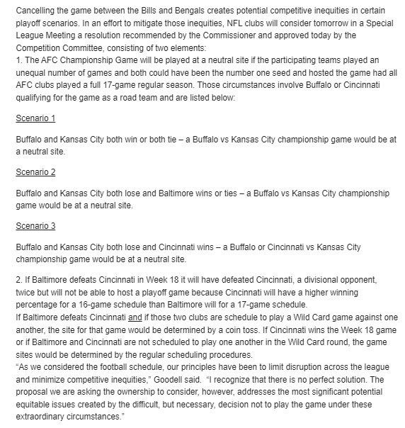 Stadium's tweet photo. JUST IN: The NFL has announced the Bills-Bengals game will not be resumed. They also laid out possible scenarios for the AFC Championship Game to be played at a neutral site. https://t.co/F1USLCzpNx