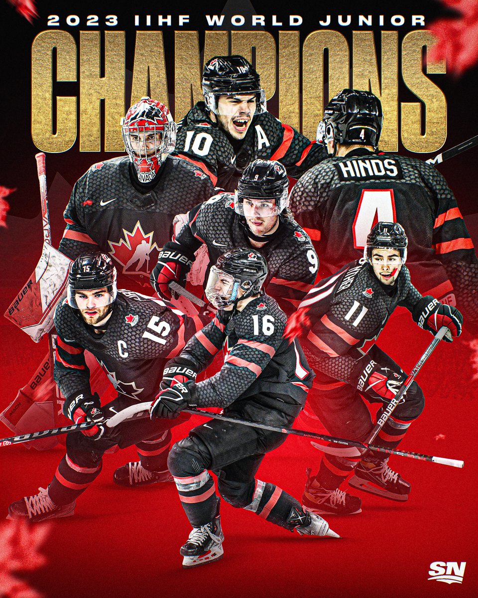 Sportsnet's tweet photo. BACK-TO-BACK! 🥇

@HockeyCanada wins gold at the 2023 #WorldJuniors! 🇨🇦 https://t.co/H1tb80LtPX
