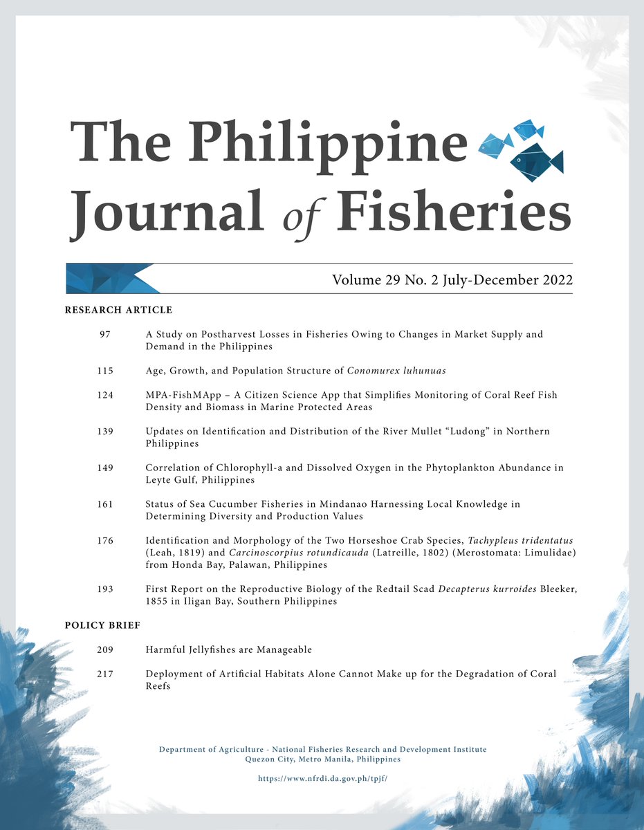 TPJF Vol 29 No 2 December 2022 issue is now out🥳

The current issue contains 8 research articles and 2 policy briefs. You may freely access them through our website doi.org/10.31398/tpjf

#PhilippineFisheries #NFRDITeach #NFRDIinAction #research #scientificpapers