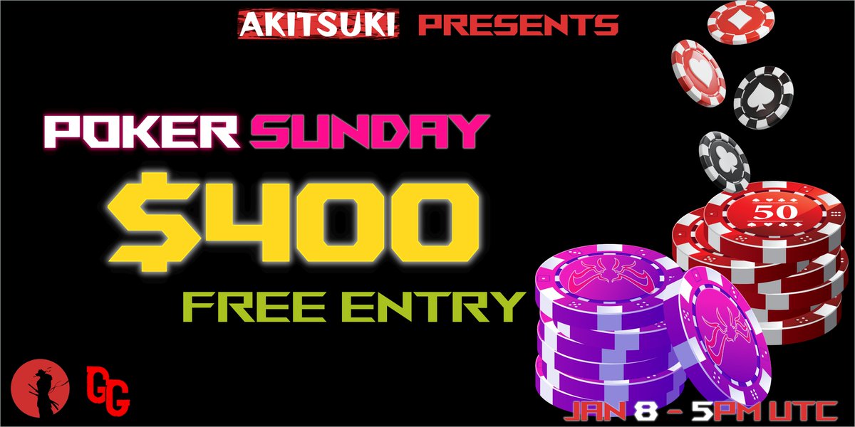 Poker Sunday♥️♦️
#pokeronline #Giveaway 

💰$400 Prize Pool
💸FREE ENTRY for ALL #freeroll
📅JAN 8, 5PM UTC

TOP 10 in the money ($AKI holders earn more)

Registrations open 2h before it starts🔥

Join discord, get your rank &amp; find the tournament link👇
discord.gg/TWAQVUPdvu