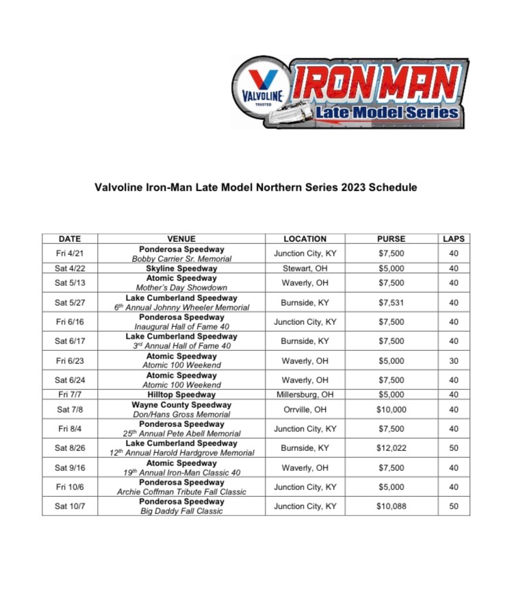 We released the northern schedule today of the @Valvoline Iron-Man Late Model Series with 15 events in Kentucky and Ohio. We look forward to a busy 2023 season. We certainly thank everyone for their support of our tours.