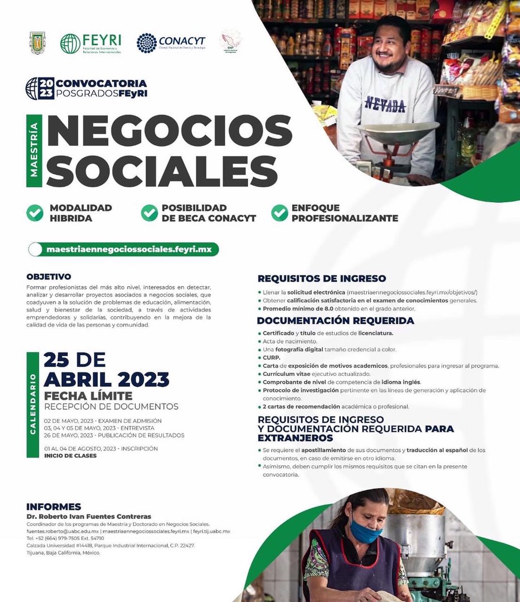 feyriuabc's tweet photo. Se encuentra abierta la convocatoria #2023 para los programas de Maestría y Doctorado en #Negocios #Sociales. 
Si te interesa el #emprendimiento enfocado en resolver alguna problemática social, es tu oportunidad!!
25 de Abril es la fecha limite para postulantes 📨 https://t.co/holfCCFfCT