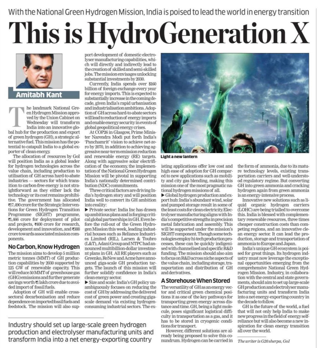 My edit piece in todays ET: Green Hydrogen is the future. India is blessed with renewable resources,three times cheaper construction costs than competing regions &amp; an innovative clean energy sector and can lead the production, storage &amp; transportation of ammonia to the world.