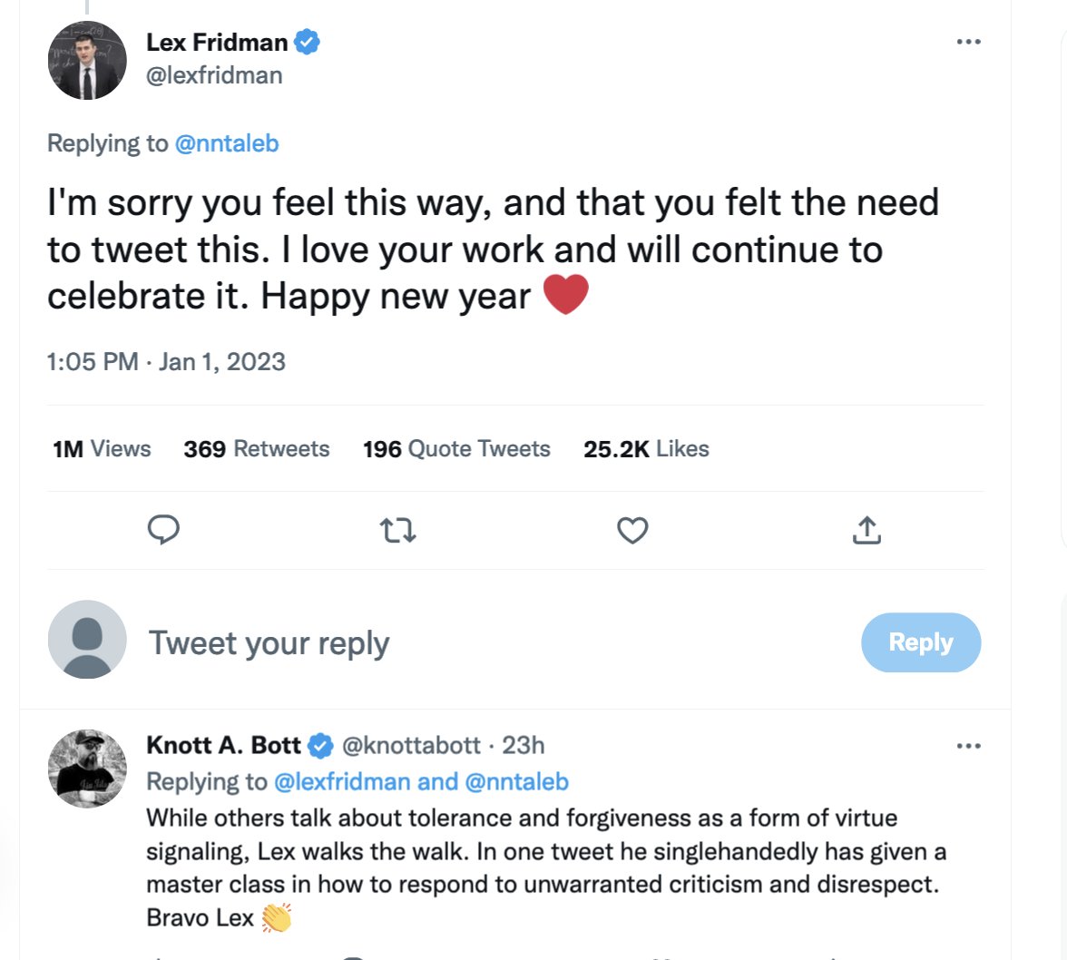 Nassim Nicholas Taleb on X: 5) Finally, an example of how Lex Fridman is a  fake through & through: He posted comments meaning to show his courtesy &  moral superiority then blocked