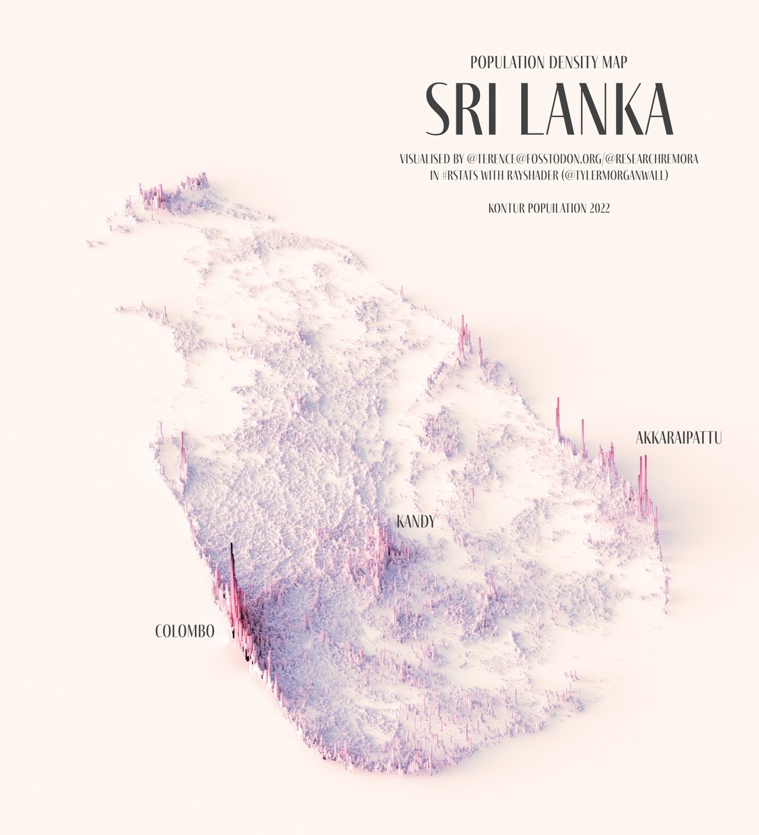 researchremora's tweet photo. Staying in South Asia for the evening with a population density map of Sri Lanka.

#rayshader adventures, an #rstats tale https://t.co/af5kPY14YH