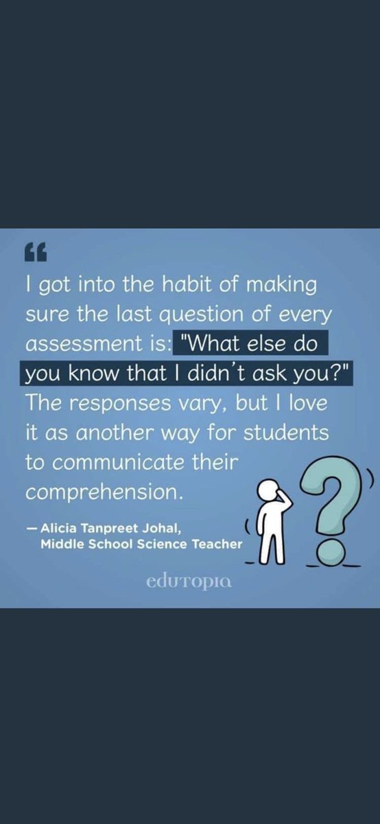 Erik_Youngman's tweet photo. “What else do you know that I didn’t ask you?”  

Great final question on assessments that provides opportunities for students to share additional understanding, #learning, and connections.

#EdChat #GrowthMindset #EdTech #Education https://t.co/iB1doZ1N16