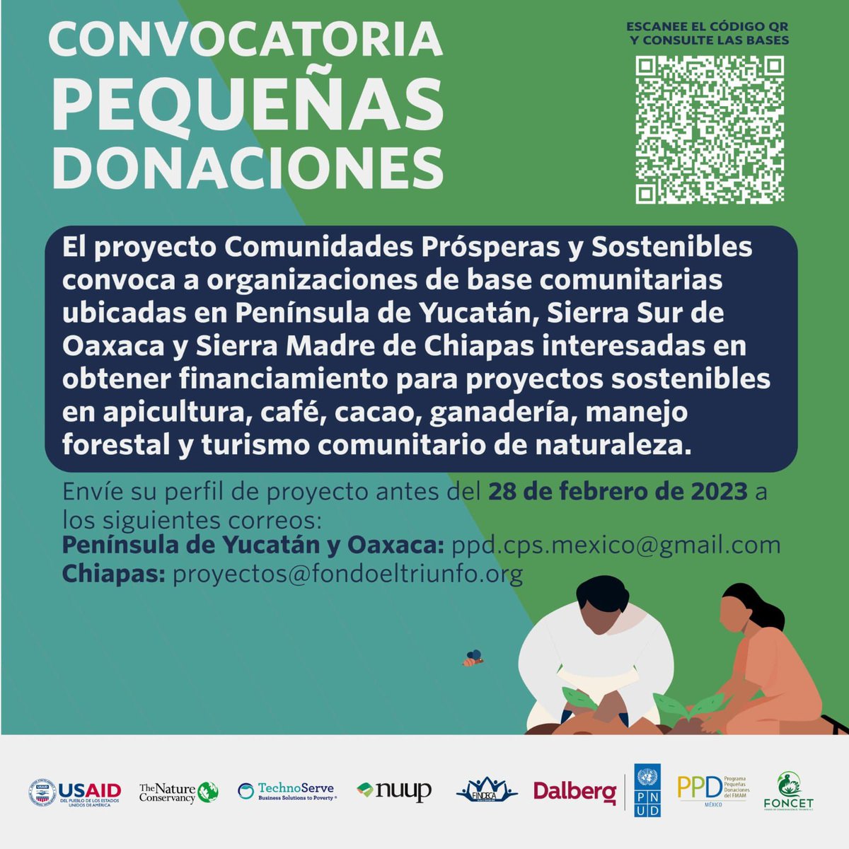 AppleseedMexico's tweet photo. 📢#ConvocatoriaAbierta “Pequeñas Donaciones para organizaciones de base comunitarias”‼️
Con apoyo de @USAIDMX, @Mexico_TNC @PNUD_Mexico @PPD_Mexico @FONCET_AC invitan a participar por el impulso de proyectos productivos sostenibles.  Consulte las bases: https://t.co/SMyM48zA7p https://t.co/urKF6ouCxc