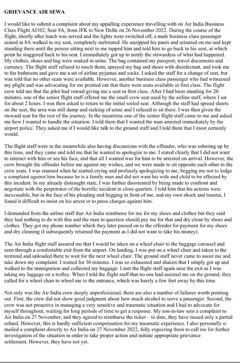 SomilMathur's tweet photo. The real account of what transpired mid air in the flight from JFK to Delhi.There are calls for arrest of the drunk passenger but no one’s talking about the lax attitude of the air crew.Shldn’t they be suspended with immediate effect?#AirIndia #AirIndiaMustAnswer @JM_Scindia https://t.co/FfDuqM22P6