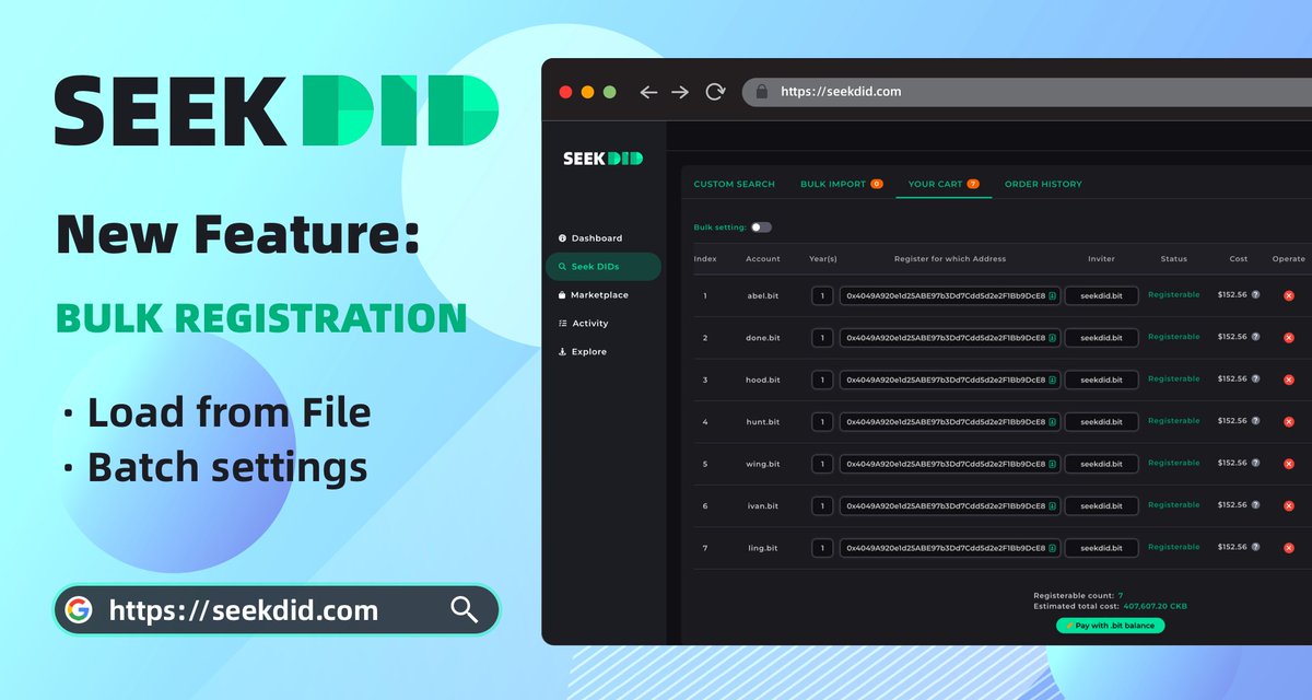 📢Over the past few days, seekdid has been busy integrating with @web3did , and now we're thrilled to announce that our .bit(@dotbitHQ) bulk registration feature is now live！🎉🎉Visit seekdid.com to experience it. #did #ckb #dotbit #NervosNetwork