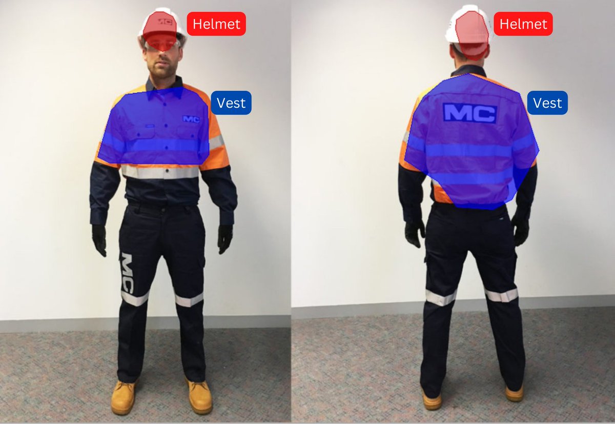 ailiverse's tweet photo. Using Computer Vision for Personal Protective Equipment (PPE) is not new. However, we aim to take another step further.

We tested out our Image Segmentation model and with just 5 training data points in 46 seconds of training, we produced a result as shown below.
#AI #startup https://t.co/hRFG3EEmxY