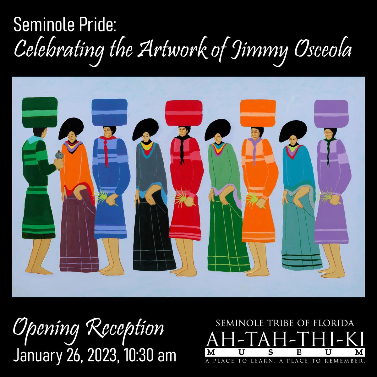 The Jimmy Osceola collection will be exhibiting now through March 2023. These pieces are powerful and transformational, focused on Seminole camp life. Everyone is welcome to the opening reception. #nativemamericanart #acrylicpainting  #Seminolelife