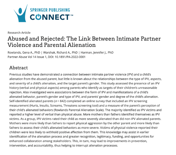 This study assessed the presence of intimate partner violence history among parents who identify as targets of their children’s unreasonable rejection. #parentalalienation #coercivecontrol #familyviolence @FamilyStudies @jenjillharman @RichardWarshak 
connect.springerpub.com/content/sgrpa/…