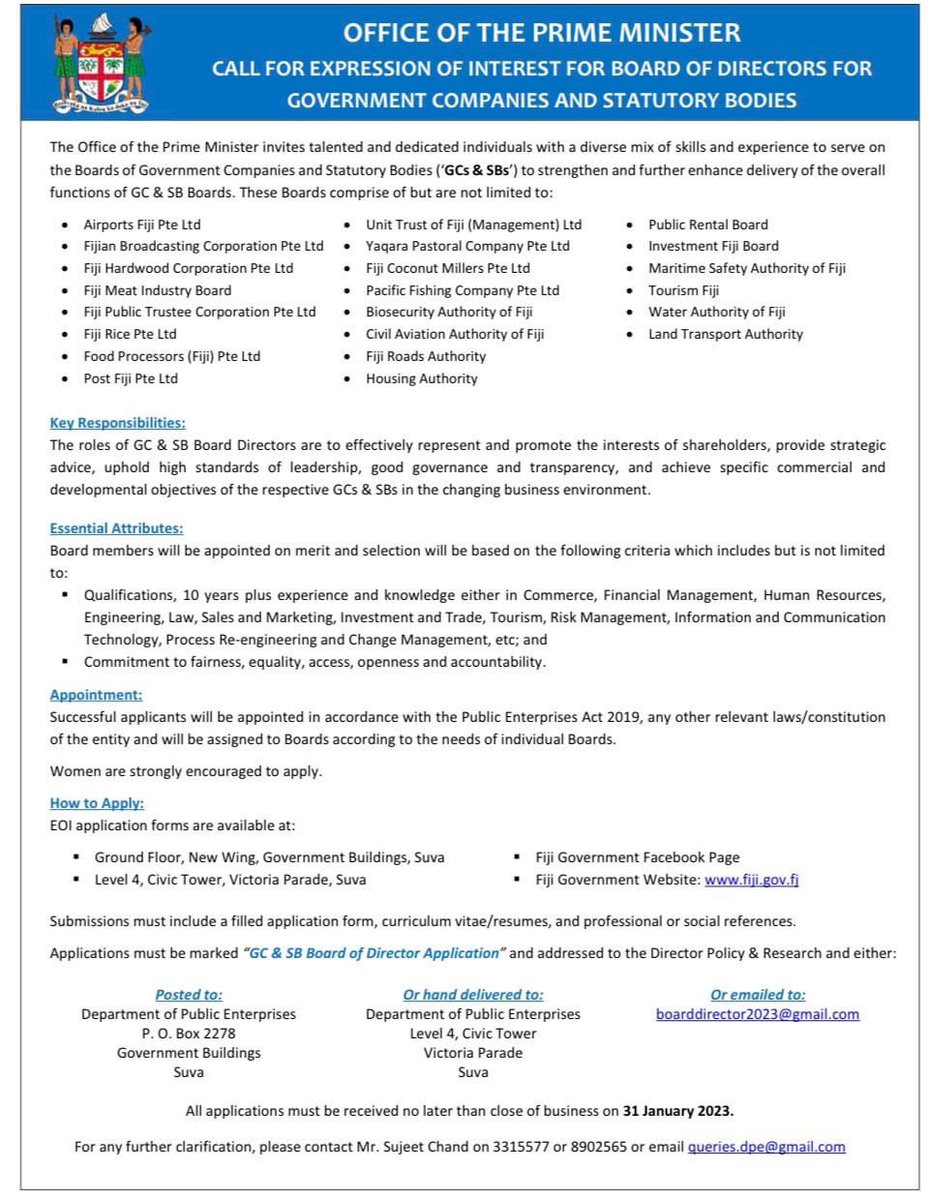 Roshikadeo's tweet photo. Amazing! Loving this! This is how it shld be done including for Chair roles (wonder if they will do this separately). An open, transparent and a public process. Go on Fiji apply if you interested! Looking forward to updates on No of applications received/selection/announcements🙌🏾 https://t.co/kU3EI58upD