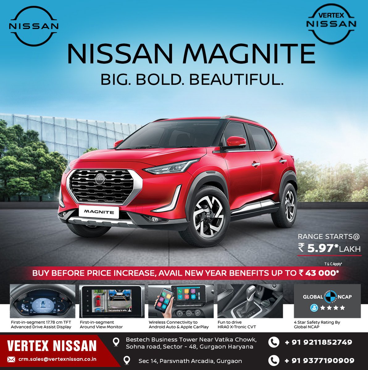 VertexNissan's tweet photo. The #NissanMagnite is stunning in every sense of the word. Experience Japanese engineering with the big, bold and beautiful SUV.
.
👉 Buy before price increase, Avail new year benefits upto ₹ 43,000*.
.
➡️ For Enquiries / Booking, Contact us at...
📞09377190909 , 📞09211852749 https://t.co/sQ3pbhN9oz