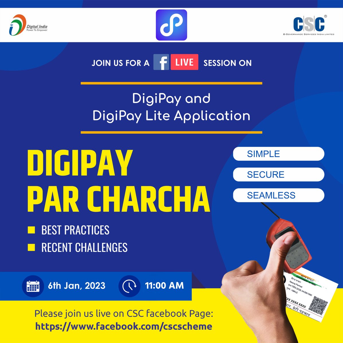 CSCegov_'s tweet photo. A Session on DigiPay and DigiPay Lite Application...

#DigiPay Par Charcha...

Join us LIVE on the #CSC Facebook Page, on 6th January(Today) at 11 AM.

#DigitalIndia #RuralEmpowerment #DigiPayParCharcha #DigiPayLiteApp https://t.co/Rqj5cH0lsC