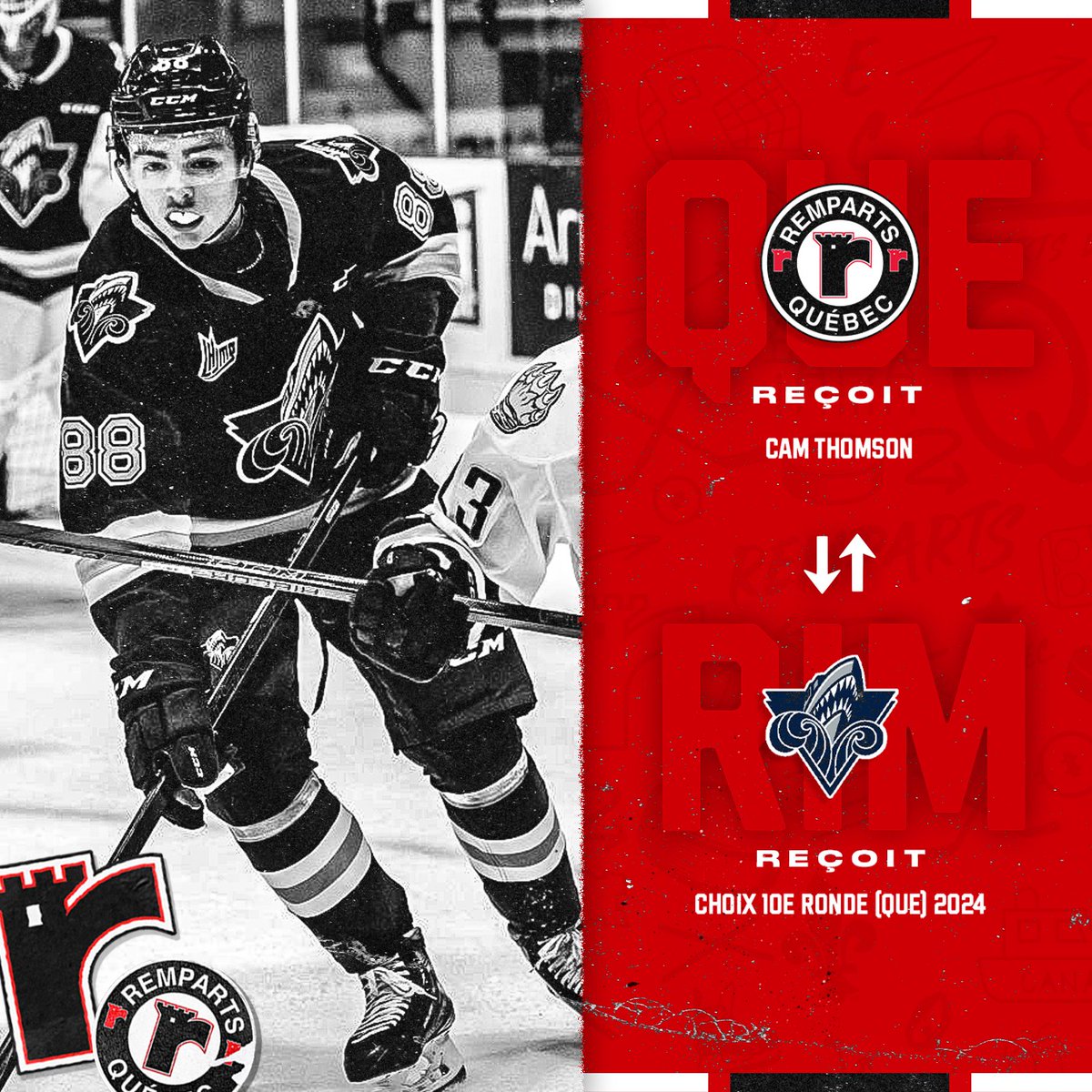 𝐓𝐑𝐀𝐍𝐒𝐀𝐂𝐓𝐈𝐎𝐍 🔄

Les Remparts acquièrent le joueur de centre 𝐂𝐚𝐦 𝐓𝐡𝐨𝐦𝐬𝐨𝐧 de l’Océanic de Rimouski.  

En retour, les Remparts cèdent un choix de 10e ronde en 2024.

» bit.ly/3vEZL2C