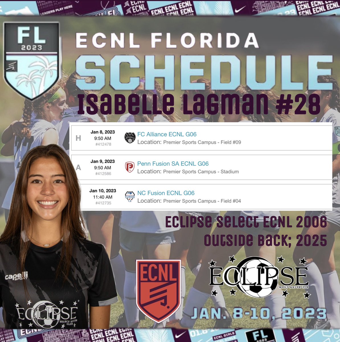 isabelle lagman (@isabellelagman_) on Twitter photo First <a href="/ECNLgirls/">ECNL Girls</a> showcase of the year coming up! Florida with <a href="/EclipseECNL06/">Eclipse Select SC ECNL 05/06</a> 🔜
<a href="/TopDrawerSoccer/">TopDrawerSoccer</a> <a href="/PrepSoccer/">Prep Soccer ⚽️</a> <a href="/girlssoccernet/">Girls Soccer Network</a> <a href="/ImCollegeSoccer/">College Soccer Truth ™</a> <a href="/TheSoccerWire/">SoccerWire</a> First <a href="/ECNLgirls/">ECNL Girls</a> showcase of the year coming up! Florida with <a href="/EclipseECNL06/">Eclipse Select SC ECNL 05/06</a> 🔜
<a href="/TopDrawerSoccer/">TopDrawerSoccer</a> <a href="/PrepSoccer/">Prep Soccer ⚽️</a> <a href="/girlssoccernet/">Girls Soccer Network</a> <a href="/ImCollegeSoccer/">College Soccer Truth ™</a> <a href="/TheSoccerWire/">SoccerWire</a>