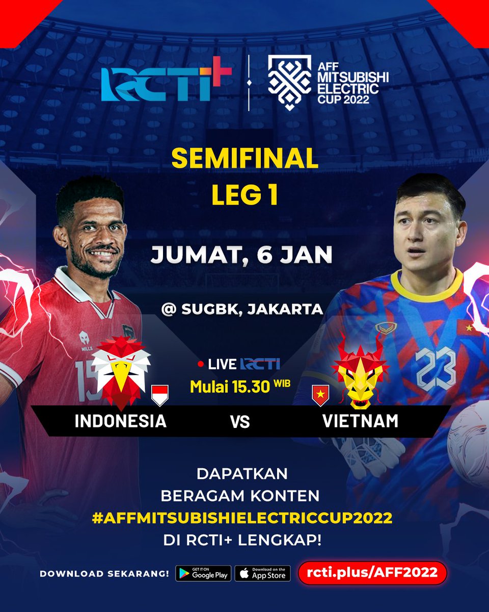 RCTIPlus's tweet photo. Wajib raih kemenangan di kandang! Ayo dukung Indonesia kalahkan Vietnam nanti sore.

Indonesia 🇮🇩 v 🇻🇳 Vietnam 
🕐 mulai 15.30 WIB LIVE RCTI

GRATIS live streaming di aplikasi RCTI+
🔗 https://t.co/1BbH1o6gJI

#rctisports #AFFCUP2022 #AFFMitsubishiElectricCup2022 #timnasday https://t.co/rF9Z8rZNuV