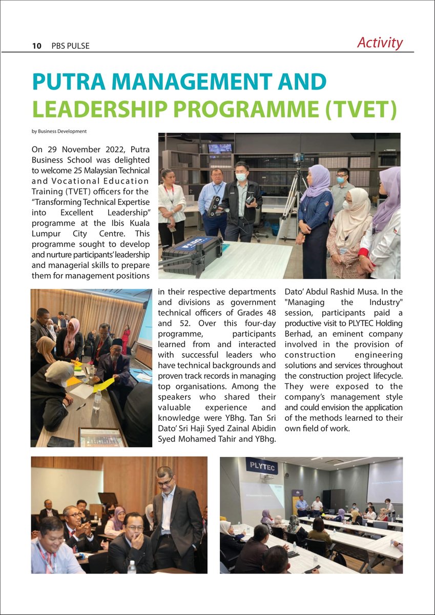 putraBschool's tweet image. PBS Pulse, Pages 10 &amp;amp; 11

PBS Activity:
- Putra Management and Leadership Programme (TVET)

PUTRA Student Association:
- Intervarsity Student Engagement: FHNW University or Applied Sciences, North Western Switzerland

#executivedevelopment #exchangeprogramme #intervarsity