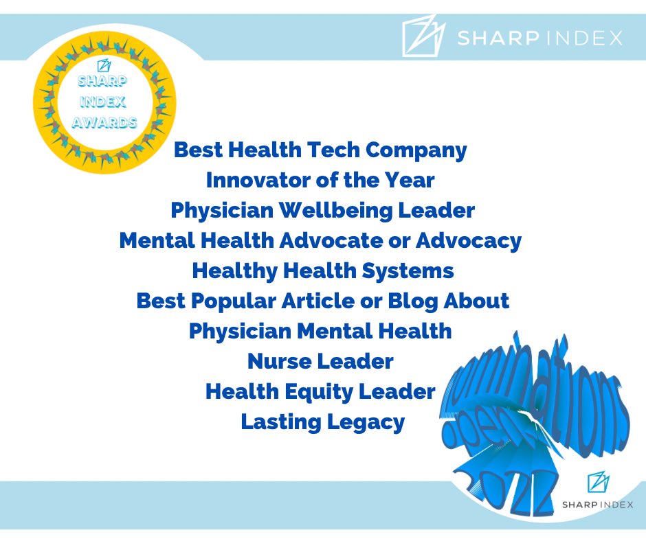 Who should be recognized in healthcare mental health? 

Healthcare can be the healthiest place to work. There are different categories for the awards. Learn more on our website:
sharpindex.org/sharp-index-aw…

#SharpIndexAwards #physicians #physicianburnout #Wellbeing