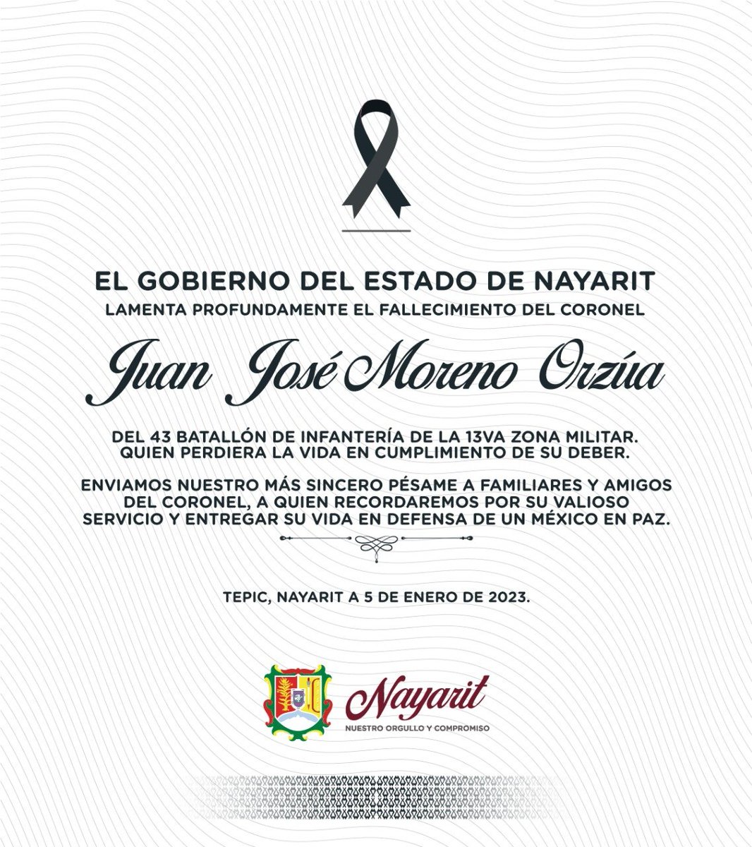 CorresponsalsMX's tweet photo. #Emboscan y matan a #comandante del 43o. Batallón de Infantería de la 13a. Zona Militar de #Tepic #Nayarit #JuanJoséMorenoOrzua. Falleció en el hospital #IMSS de #Acaponeta, tras ser herido, junto a 4 de sus escoltas, en un ataque en la comunidad de #Palmillas #Sinaloa #Tendencia https://t.co/c2q1JKqIJJ