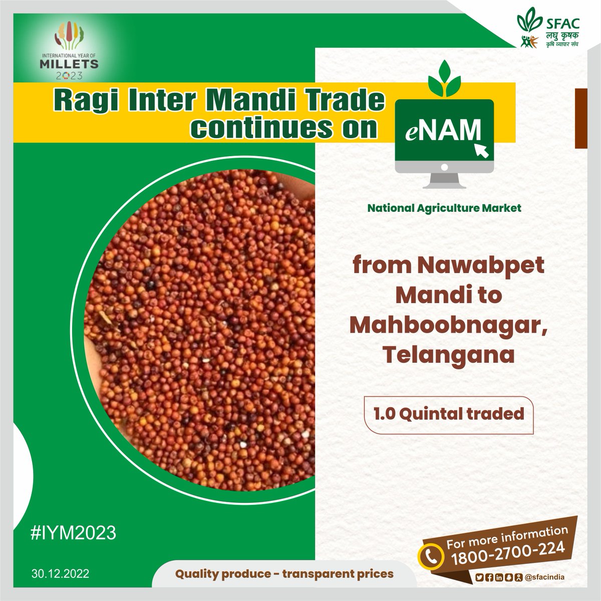 sfacindia's tweet photo. Ragi continues Inter mandi Trade on eNAM. Come to eNAM for the best Millet produce, direct from farmers, at transparent prices.
Millets - Good for the planet, good for you
#SFAC #SFACIndia #eNAM #IYM2023 #YearOfMillets @AgriGoI @nstomar @ShobhaBJP @KailashBaytu @mygovindia https://t.co/HZ7nImRDfX