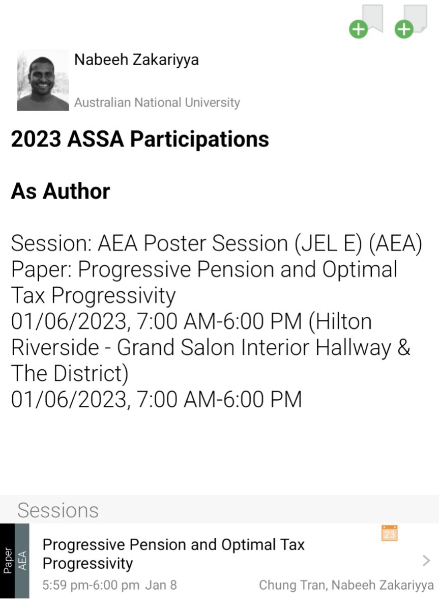 Stoked to be at the #ASSA2023, presenting my paper with @ChungQTran,@EconomicsANU on Progressive Pension and Optimal Tax Progressivity in the poster session (JEL E). (Hilton – 1st Floor, Grand Salon, Poster 43).  
I'll be there Fri 10 – 12, Sat 2 – 3 pm. DM to catch up on Sunday