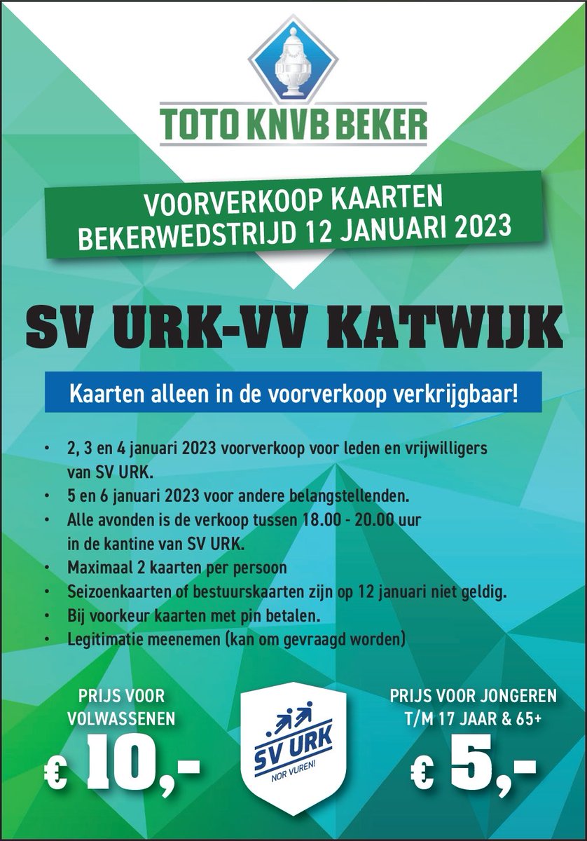 Vanavond nog de mogelijkheid om je kaartje te kopen voor de <a href="/totoknvbbeker/">TOTO KNVB Beker</a> <a href="/SVURK/">Sportvereniging Urk</a> <a href="/vvkatwijk/">VV Katwijk</a> op 12 januari tussen 18.00 en 20.00 uur in de kantine  van <a href="/SVURK/">Sportvereniging Urk</a>