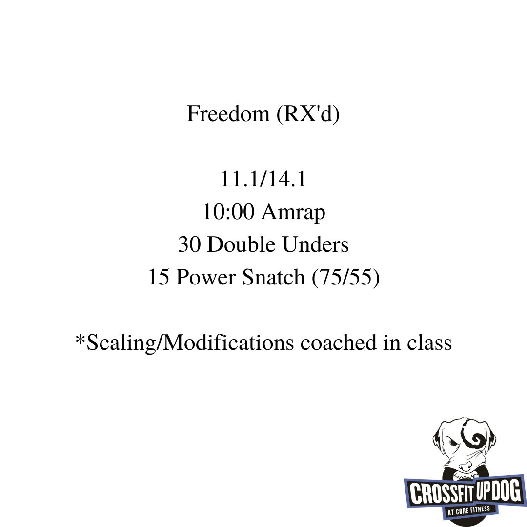 CrossFitUpDog's tweet photo. Fri, 01.06.23

Freedom (RX'd)

11.1/14.1
10:00 Amrap
30 Double Unders
15 Power Snatch (75/55)

*Scaling/Modifications coached in class

#crossfitupdog
#myrtlebeachcrossfit
#myrtlebeach
#crossfit
#communityworkouts
#socialfitness
#mayhemaffilate https://t.co/PsksMMAtqv