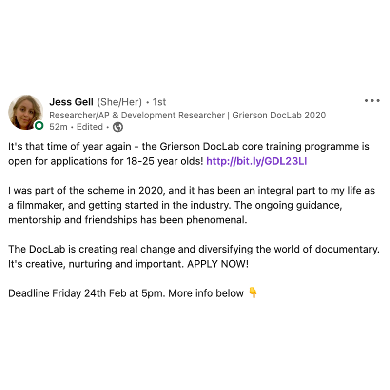 Past #GriersonDocLab trainees are our biggest advocates for the impact of the programme🙌

Take it from the wonderful @gell_docs who was part of DocLab in 2020, now a #DocumentaryResercher & #AssistantProducer 

Find out more & apply to #GriersonDocLab '23 bit.ly/GDL23TW