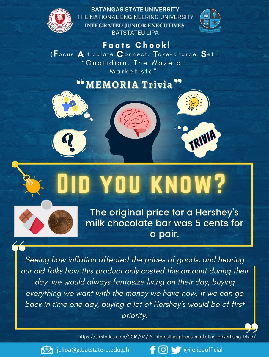 jmelipaofficial's tweet photo. 𝐌𝐄𝐌𝐎𝐑𝐈𝐀 𝐓𝐫𝐢𝐯𝐢𝐚

Happy Friday, Everyone!

Here's some business trivia about the original price for a Hershey's milk chocolate bar.

If you want to learn more, read the information provided below.

Be SMART. Be CREATIVE. OUTWIT the challenges. https://t.co/sRMcGTMd9w