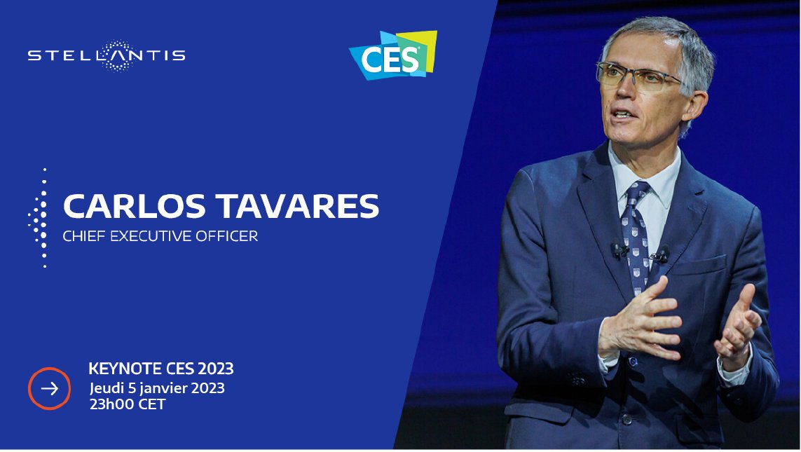 StellantisFR's tweet image. Carlos Tavares, CEO de #Stellantis a partagé, lors de sa keynote au #CES2023 le 5 janvier, sa vision de l'innovation et comment elle permet de relever les défis mondiaux. #StellantisTech