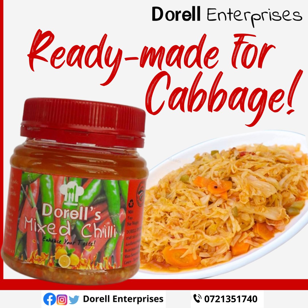 dorellenterpri1's tweet photo. Dorell's Mixed Chilli will make your cabbage not taste like #Njaanuary. Visit https://t.co/USdAf0qgaH to place your order. 
@AnyonaDorothy @sub_area @Kimataifa1 #enhancingtaste #mixedchilli #deliveryguaranteed https://t.co/kAXutBh4Lj