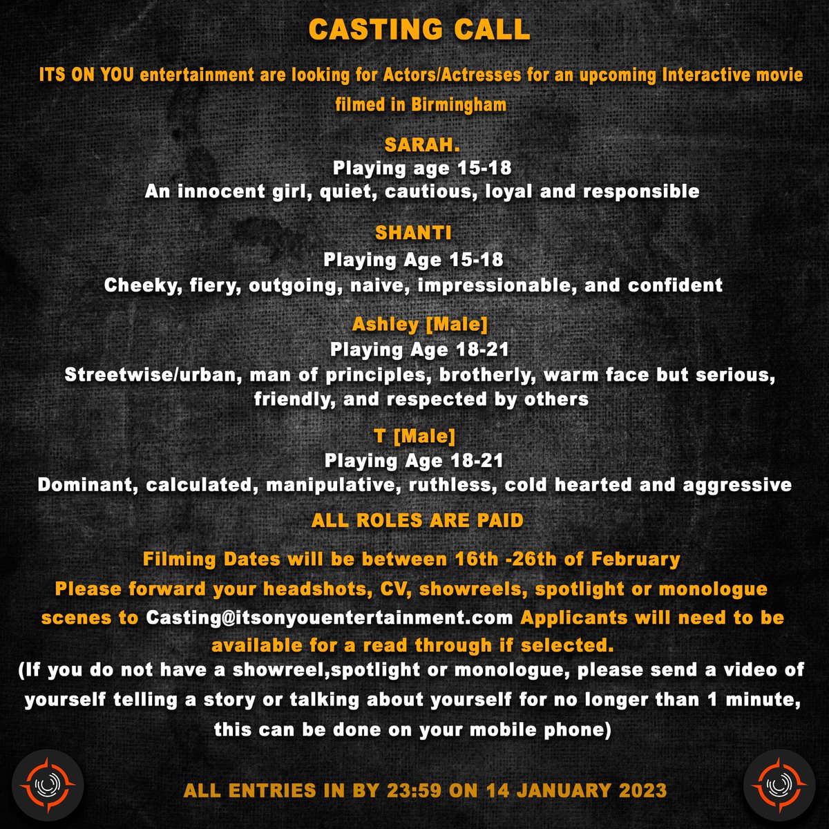 CASTING CALL - Please do send your reels over even if these characters are not suitable for you; as there’s a multitude of other characters available of all ages. #CASTING #showreel #ukfilm