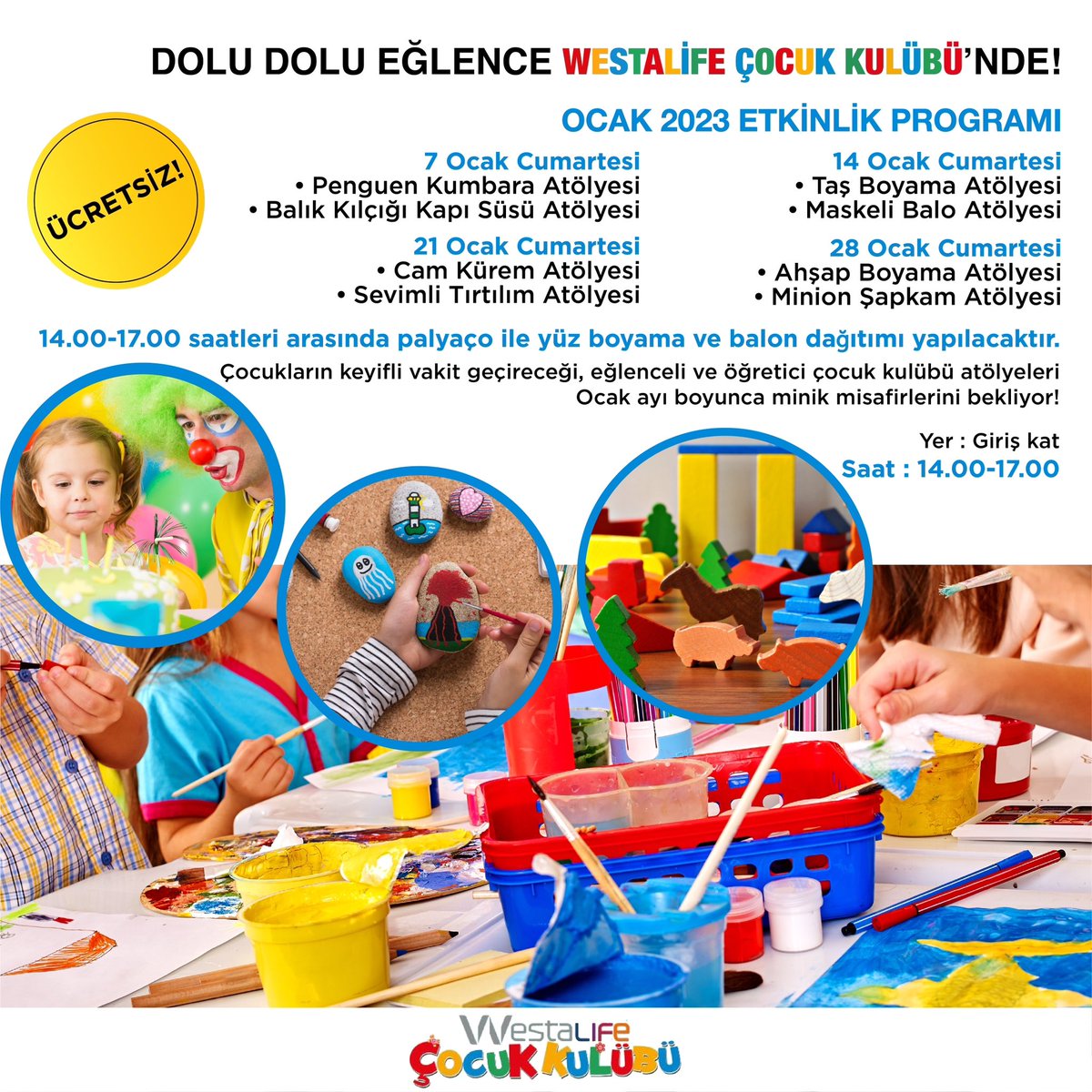 Dolu dolu eğlence Westalife Çocuk Kulübünde!🌈⭐️❤️
Çocukların keyifli vakit geçireceği,eğlenceli ve öğretici çocuk kulübü atölyeleri Ocak ayı boyunca minik misafirlerini bekliyor!

#westalifeçocukkulübü #westalifeavm
#atölye
#çocuklar
#eğlence
#mutluluk
#şehrinvehayatınmerkezinde