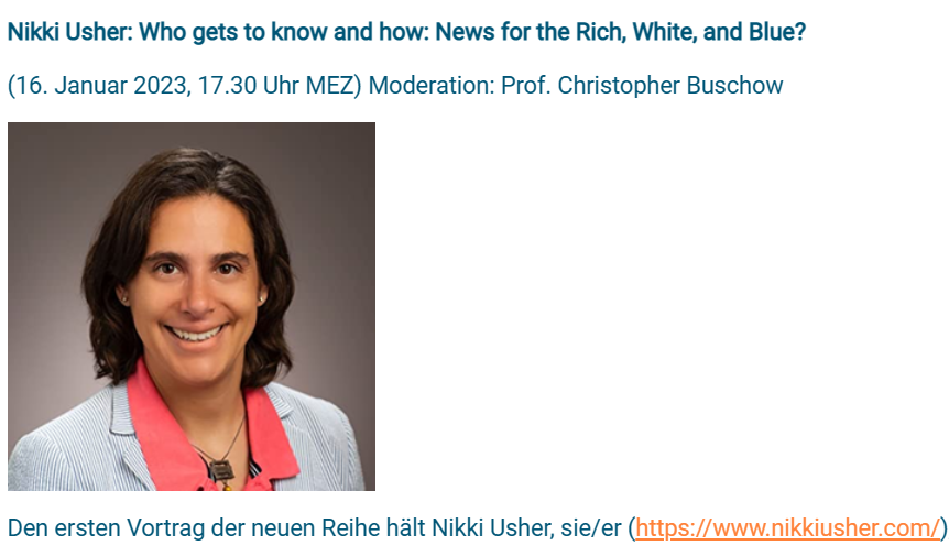 Franco Zotta (@francozotta) on Twitter photo Wie könnte ein neues Ökosystem für Qualitätsjournalismus aussehen? Das beantwortet
<a href="/nikkiusher/">Nik Usher (they/them)</a> im kostenlosen #SciCon-Online-Vortrag. Mehr Infos/Anmeldung: science-journalism.eu/eu-scicon-2020/ <a href="/SKWJ_ASJS/">ScienceJournalismCH</a> <a href="/DJVde/">Journalisten-Verband (DJV) @DJV@federated.press</a> <a href="/mss7676/">Mike S. Schäfer</a> <a href="/RRC_wisskomm/">RRC Science Communication Research</a> <a href="/riffreporter/">RiffReporter</a> <a href="/ellen_sch/">Ellen Heinrichs</a> <a href="/samelou/">Samira El Ouassil</a> <a href="/chrias/">Christopher Buschow</a> <a href="/steph_reuter/">Stephanie Reuter</a> Wie könnte ein neues Ökosystem für Qualitätsjournalismus aussehen? Das beantwortet
<a href="/nikkiusher/">Nik Usher (they/them)</a> im kostenlosen #SciCon-Online-Vortrag. Mehr Infos/Anmeldung: science-journalism.eu/eu-scicon-2020/ <a href="/SKWJ_ASJS/">ScienceJournalismCH</a> <a href="/DJVde/">Journalisten-Verband (DJV) @DJV@federated.press</a> <a href="/mss7676/">Mike S. Schäfer</a> <a href="/RRC_wisskomm/">RRC Science Communication Research</a> <a href="/riffreporter/">RiffReporter</a> <a href="/ellen_sch/">Ellen Heinrichs</a> <a href="/samelou/">Samira El Ouassil</a> <a href="/chrias/">Christopher Buschow</a> <a href="/steph_reuter/">Stephanie Reuter</a>