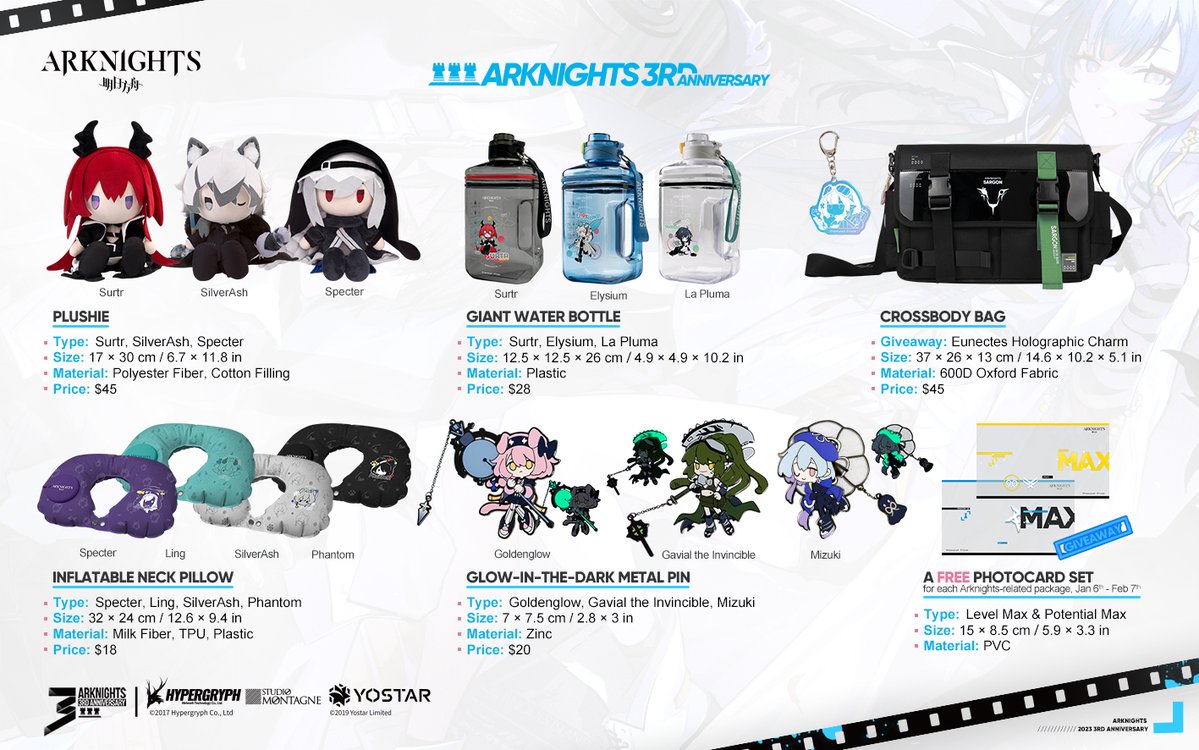 ShopYostar's tweet photo. Happy #Arknights 3rd Anniversary, Doctors! 
Thanks for your love and support as always!

Check the images for the new merch details⬇

Shop now: https://t.co/CJH4rTMs7o

#Yostar #Arknights3rdAnniv https://t.co/tnHsX0a8Pa