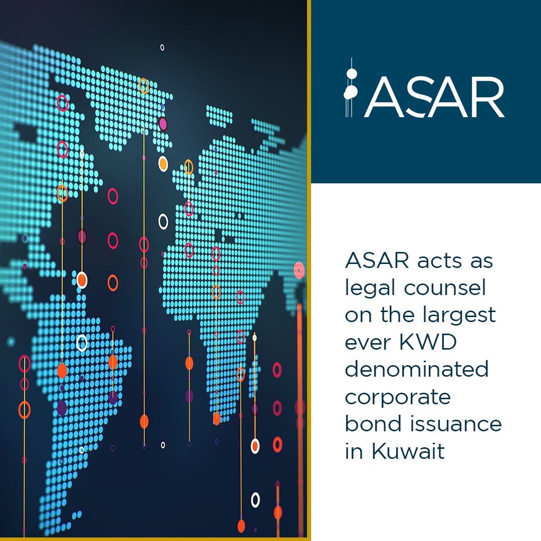 asarlegal's tweet image. #ASAR is pleased to have acted as legal counsel to #KIPCO, @KamcoInvest &amp;amp; @Gulf_Bank on the largest KWD denominated #corporate #bond ever issued to date in #Kuwait. The successful closing of the KWD 165 million bond issuance transaction was led by ASAR's Rob Little and John Cunha