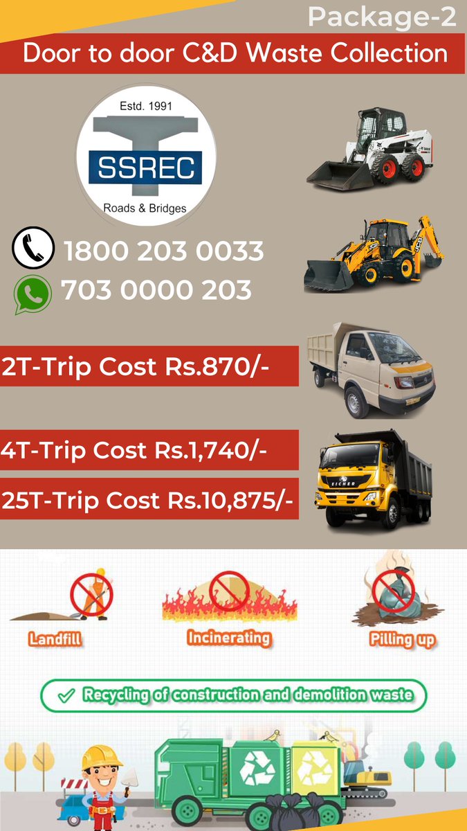 To protect environment and avoid penalty we are requesting you to contact us for proper disposal of C&amp;D debris.
User Fee Charges-₹435.00/MT
1-Kapra
15-Musheerabad 
17-Khairatabad 
27-Alwal
28-Malkajigiri 
29-Secunderabad 
30-Begumpet