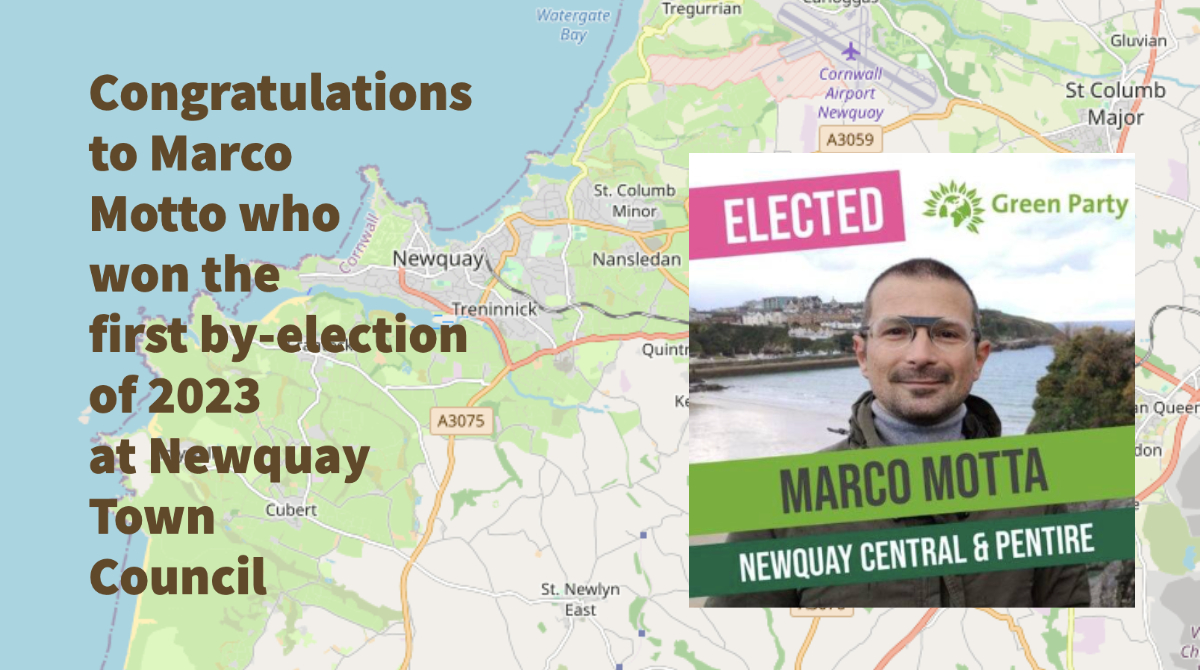 The Green Party won the first by-election at Newquay Town Council of 2023. The Green’s Marco Motta comfortably defeated the only other candidate reports  Julia Penhaligon in Cornwall Reports > bit.ly/3Zh3twR 

<a href="/CornwallGreens/">Cornwall Green Party</a>