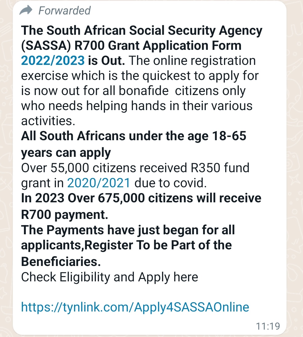 Buce_09's tweet photo. @OfficialSASSA @The_DSD @NDA @GovernmentZA @GCISMedia Is there anyone who can confirm the legitimacy of this Message? https://t.co/e68D3ux1rh