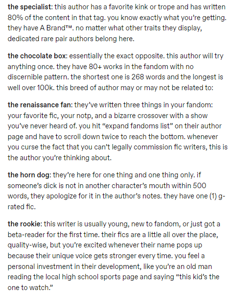 managician's tweet image. I saw this post on tumblr and these descriptions of AO3 fanfic authors are so funny and accurate omg ... Tag yourself in replies/QRTs