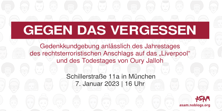 Morgen um 16 Uhr sehen wir uns hoffentlich alle in der Schillerstraße 11a in #München?! 

Wir gedenken gemeinsam #OuryJalloh, #CorinnaTartarotti und den mindestens 14 weiteren Opfern, die dem rechten Terror der 'Gruppe Ludwig' zum Opfer fielen. #RechtenTerrorStoppen