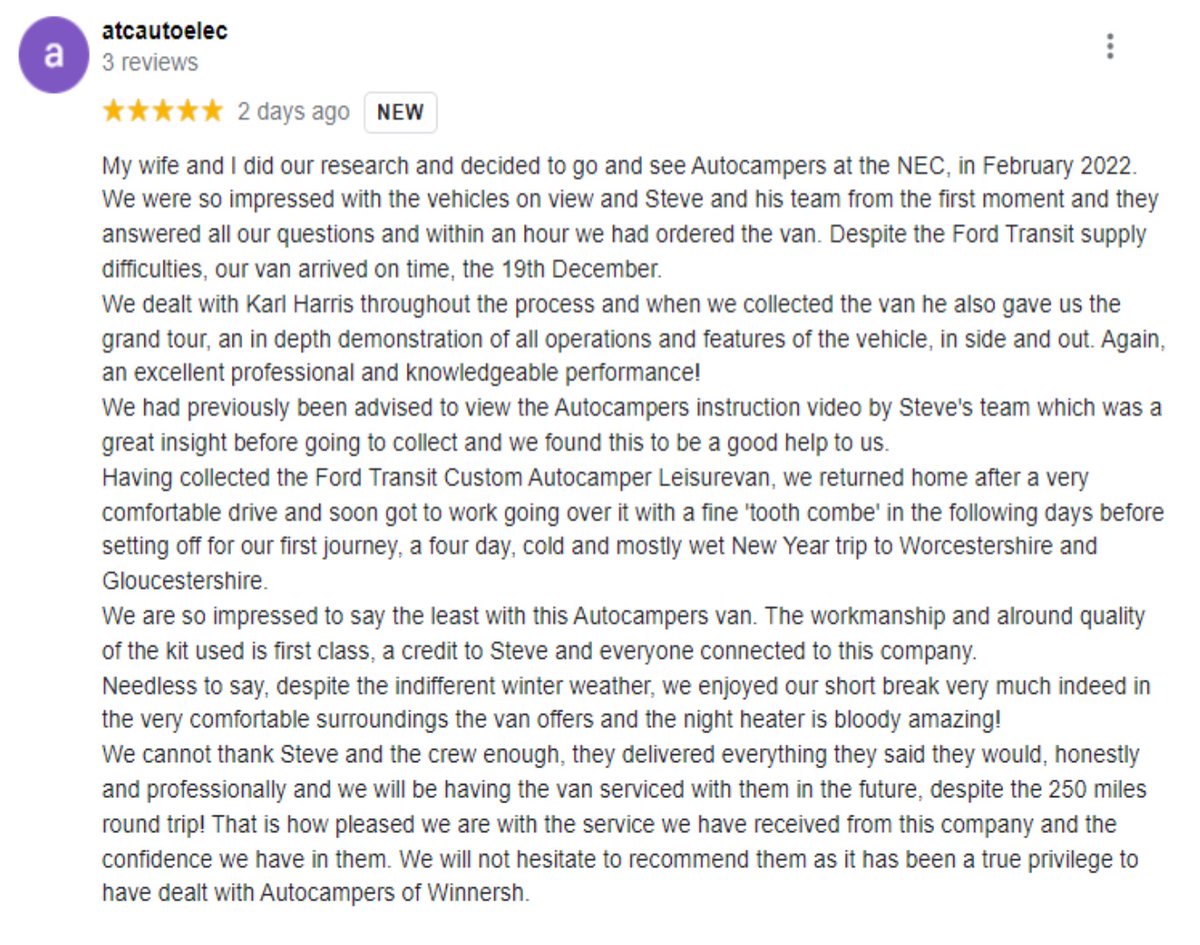 Auto_Campers's tweet photo. We are proud of all the great reviews we get on Google, our latest 5-star review is below, great job by all the Auto Campers team.
https://t.co/CnTqt1yJ7y
#autocampers https://t.co/bA4EFHIuTr