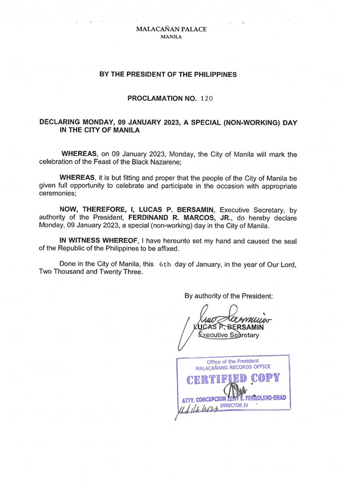 walangpasok's tweet photo. JUST IN: President Marcos Jr. declares Monday, January 9, 2023, a special non-working day in Manila in celebration of the Feast of the Black Nazarene. #WalangPasok  -@PhilippineStar (https://t.co/azbjqaQPTo)