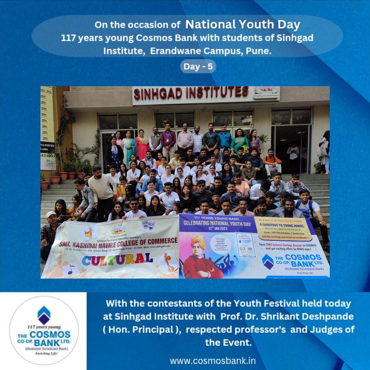 Cosmospune's tweet photo. Cosmos Bank organized the National Youth Day competition at Sinhgad Institute, Pune, in the presence of Prof. Dr. Shrikant Deshpande (Hon. Principal), respected professors, judges, and contestants.
#cosmosbank #cosmoshaitohmumkinhai #eassywriting #competition #NationalYouthDay https://t.co/k94p01qBlO