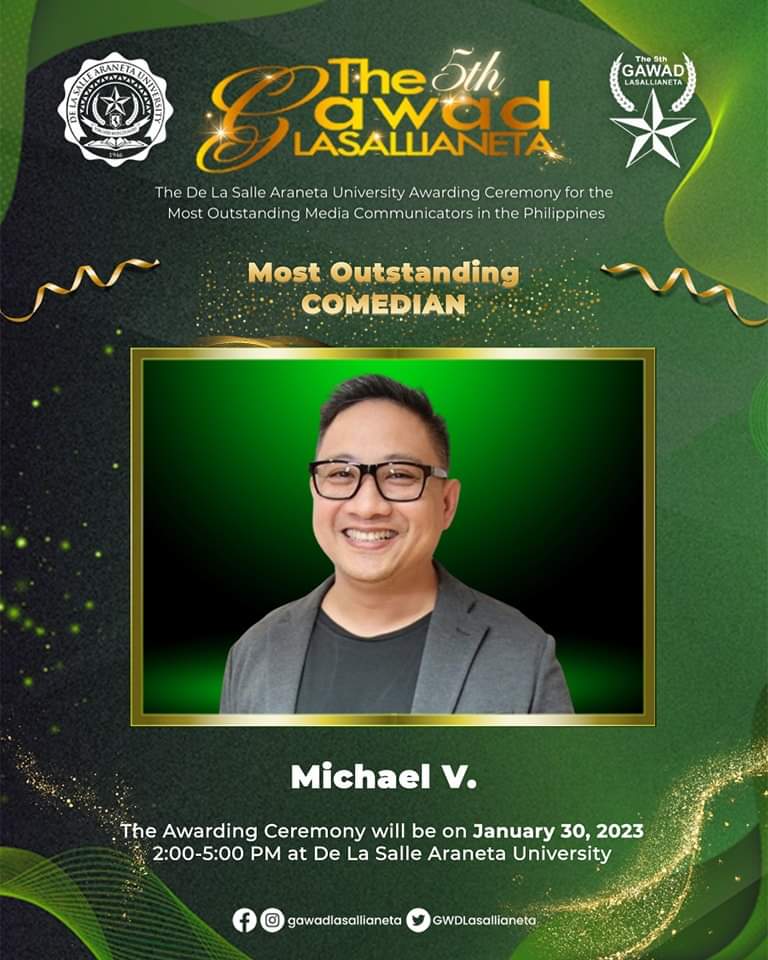 Congratulations po, DIREK MICHAEL V. The 5th Gawad Lasallianeta Most Outstanding Comedian Awardee! 

Greetings from Pepito Manaloto Worldwide Fanatics! 

#MichaelV #GawadLasallianeta2023