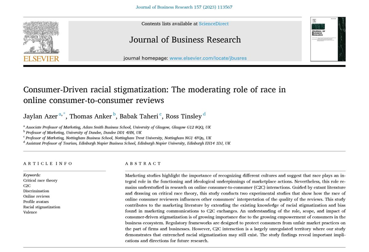 Marketing and Consumer Studies Research Centre (@mktresearchnbs) on Twitter photo How does the #Race of #onlineconsumer reviewers influence other consumers’ interpretation of the quality of the reviews? A new study by our Colleague, <a href="/taheri_babak/">Babak Taheri</a>, and colleagues from <a href="/UofGlasgow/">University of Glasgow</a>, <a href="/dundeeuni/">University of Dundee</a>, <a href="/ENUBusSchool/">The Business School, Edinburgh Napier University</a> provides new evidence👉
sciencedirect.com/science/articl… How does the #Race of #onlineconsumer reviewers influence other consumers’ interpretation of the quality of the reviews? A new study by our Colleague, <a href="/taheri_babak/">Babak Taheri</a>, and colleagues from <a href="/UofGlasgow/">University of Glasgow</a>, <a href="/dundeeuni/">University of Dundee</a>, <a href="/ENUBusSchool/">The Business School, Edinburgh Napier University</a> provides new evidence👉
sciencedirect.com/science/articl…