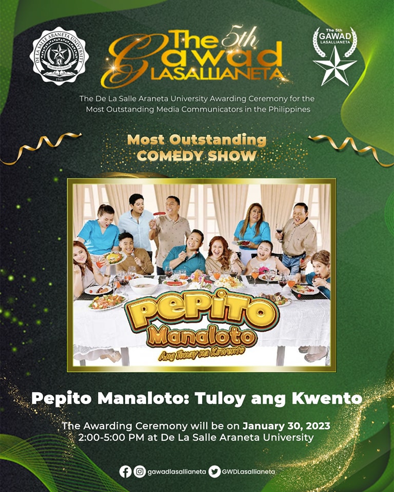 Congratulations PEPITO MANALOTO, the 5th Gawad Lasallianeta Most Outstanding Comedy Show Awardee!

Maraming Maraming salamat po sa @gawadlasallianeta sa karangalang ito pati na rin po sa inyo mga kapuso!